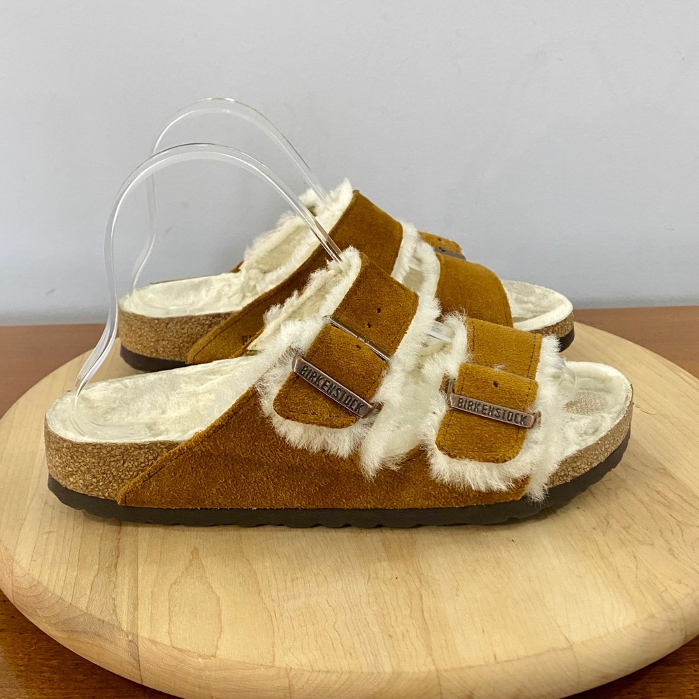 Birkenstock Arizona Shearling Suede Mink Sandals 38 L7 M5 Slip On Comfort